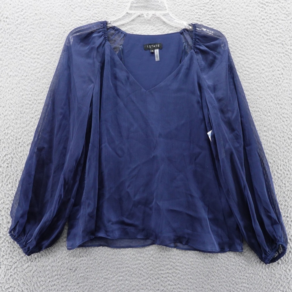 1.STATE Womens Navy Blue Sheer Long Sleeve V-Neck Blouse Size XS